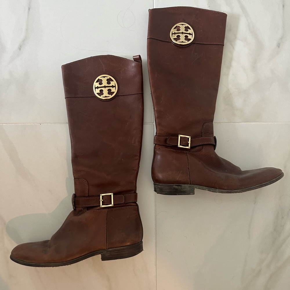 Tory Burch leather brown boots with gold metal label